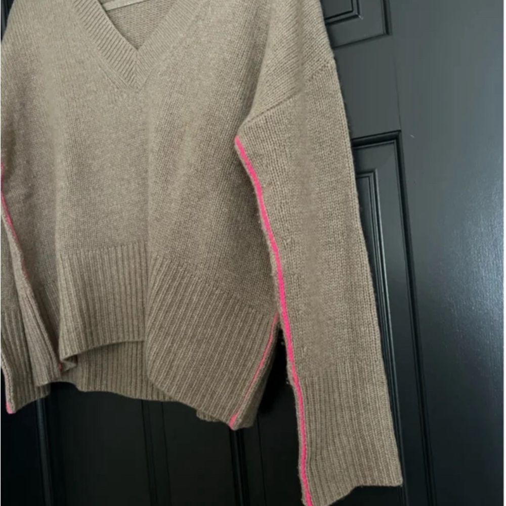 From Future Women's V-Neck Sweater - Tan with Pink Accents - Picture 5 of 5